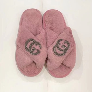 Rabbit fur Japanese fashion Winter Plush Cotton slippers indoor slipnpersBright diamond flat-bottome (9)
