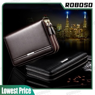 Men Clutch Bag Wristlet Double Zipper Leather Business Long Wallet