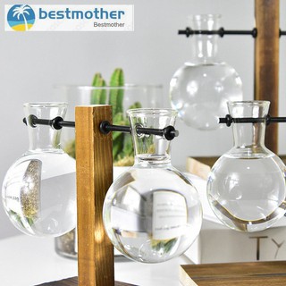✿BM✦ Vintage Glass Bottle Vase Hydroponic Plant Flower Pots Transparent Vase Tabletop Terrarium Test Tube Bulb Vase in Wooden Stand (8)