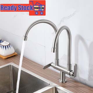Swivel Double Kitchen Faucet Twin Pillar Sink Tap Cold Water Stainless Steel 304 Rotatable K3z6