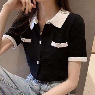 【 At 】 Korean Style Ice Silk Sweater Female Loose Short Sleeve t-Shirt Lapel polo Shirt (1)