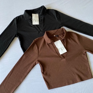 Zara V Neck Long Sleeves Crop Polo Shirt with Ribbed Trims Zara Long Sleeves Crop Top (1)