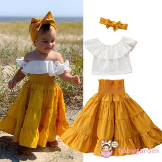 ღ♛ღ1-7Y Summer Baby Girl Off Shoulder Ruffle T-shirt Crop Tops+ High Waist Skirt Outfits Set