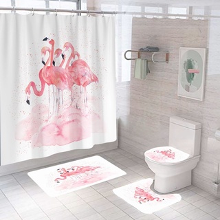 Flamingo shower curtain, bathroom toilet floor mat, waterproof bathroom four-piece set, home decoration shower curtain