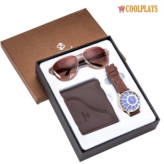 ┅❧▦Coolplays Men's Gift Set Quartz Watch + Wallet Sun Glasses With Exquisite Box