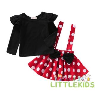 Mu♫-2PCS Summer Sweet Toddler Baby Girl Clothes Black Vest Top Strap Skirt Polka Dot Cartoon (6)