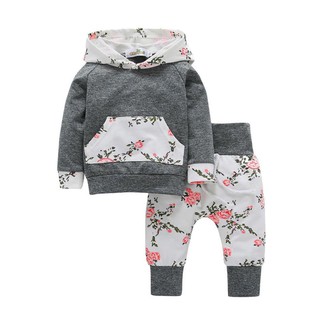 2pcs Baby Boy Girl Clothes Set Floral Hoodie Tops+Pants