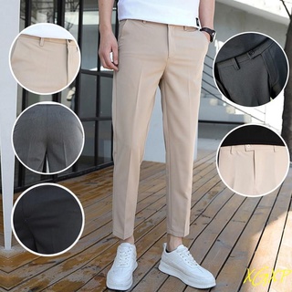 『Spot stock』Plus Size Men's High quality exclusive edition of nine-point trousers made to order solid color mens wear trousers skinny casual suit pants men's korean style ankle length pants[iuHoo]