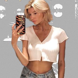 Ins Hot Lady Cropped Off Shoulder T-shirt Short Sleeve Button Slim Tops