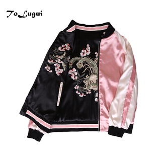 Floral Embroidery women jacket Autumn winter 2020 Harajuku Pilot Jacket On Both Sides Casual