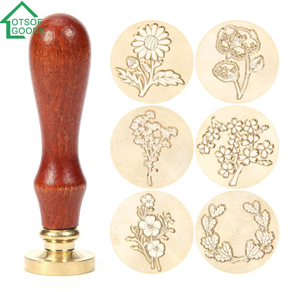 【lotsofgoods】 Retro Plant Pattern Sealing Wax Wooden Handle Wax Seal Stamps for Envelope