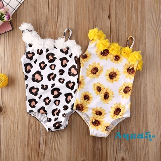 AQQ-Baby Girls Summer One-piece Swimsuit Sunflower/Leopard Print Ruffle Off Shoulder Swimwear Kids Sleeveless Beachwear