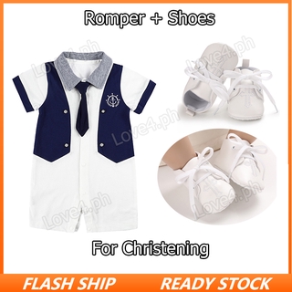 Baby Boy Baptismal Clothes Cotton Barong Style Romper Suit with Tie Bow and Shoes Set Christening Clothes for Baby Boy