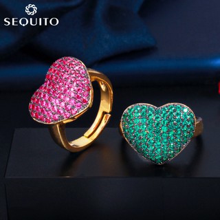 Noble Gold Plated Romantic Love Heart Shape Red Green Zirconia Crystal Resizable Finger Rings for Lover Gift【Sequito】R046