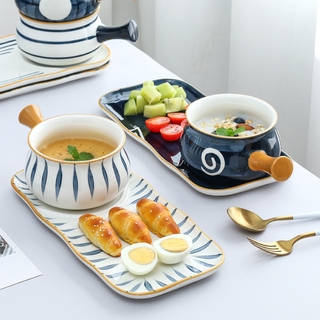 Japanese-Style Breakfast Plate Set Creative Hand-Painted One-Person Tableware Ceramic Dishes Handle Bowl Dessert Bowl Oatmeal Bowl