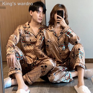 ☌M-5XL Plus Size Couple Pajamas Golden Mickey Silk Cardigan Sleepwear Satin Ilang pajama terno