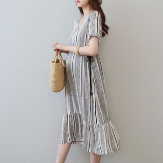 Pregnant Women Dress Long Skirt Korean V Neck Short Sleeve Maternity Dress (1)