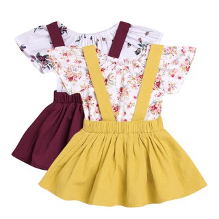 Baby Girls Floral Short Sleeves Romper+Suspender Skirts