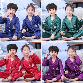 6 Colour Children Kids Pajamas Baju Tidur Set Boys Girls Long Sleeve Sleepwear Silk Satin Pyjamas Nightwear Clothing