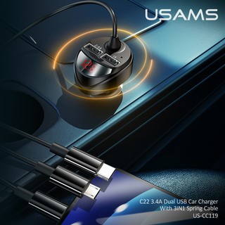 USAMS 3 in 1 Car Charger 3.4A Dual USB Charger With Spring Cable Dual USB Fast Charger Type C PD Car Charging