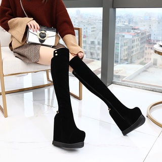 Girls' Over-the-knee Boots Wedges 15cm High Heel Black Long Boot Thigh High Sock Boots Women platfor