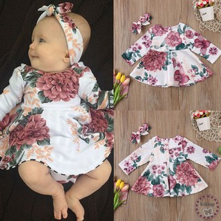 SPU-Newborn Baby Girls Long Sleeve Floral Dress Headband 2PCS Outfits Kids