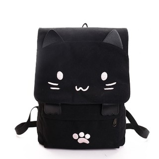 School Backpack Travel Bag Black Canvas Korean Meow Cat