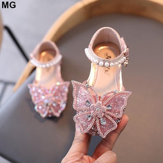 MG2-18 Years Old Kids Shoes Cute Girls Butterfly Flats Bling Blilng Diamond Bowtie Velcro Soft Leath