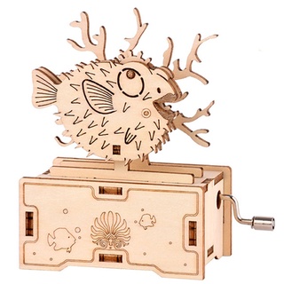 3D Puzzles Wooden Pufferfish Hand Crank Music Box Assembly Toy DIY Assembled Model Building Block
