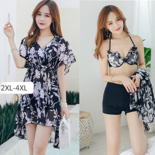 SUHA 3 in 1 swimwear rush guard for women swimsuit ladies ins super fairy sexy covering belly slim conservative student bikini hot spring swimwear korean beach outfit rash guard for women plus size 3 in 1 swimsuit black Floral Chiffon Dress