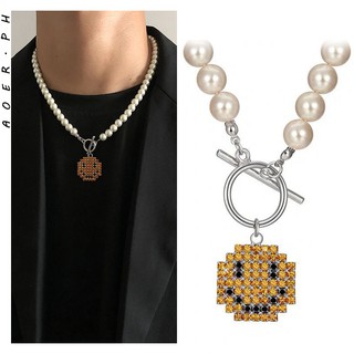 [AOER] Fashion Personality Hip Hop Pearl Smiley OT Buckle Pendant Chain Necklace