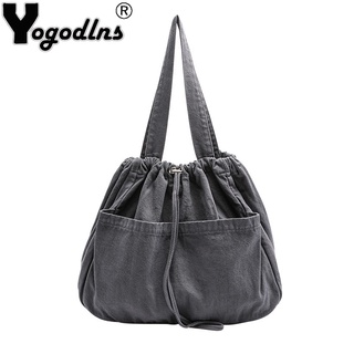 Yogodlns Casual Drawstring Canvas Tote Bag For Women Large Capacity Washed Cloth Shoulder Bag