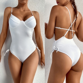 Women Swimsuit White Underwire Push Up Bandage Backless One Piece Bikini Swimwear
