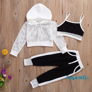 ✿ℛSummer Autumn Toddlers Girls Simple Style Solid Color Mesh Long Sleeve Hooded Top + Suspender Base Shirt + Casual Long Trousers Kit