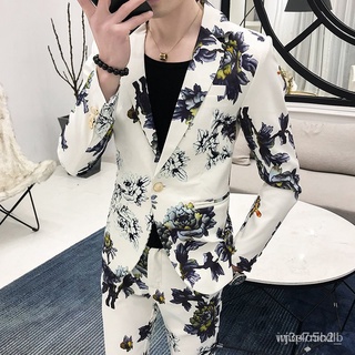 【ins】(Jackets+Pants) 2021 Men's spring Printed business Blazers/Male slim fit Casual suit of two pie