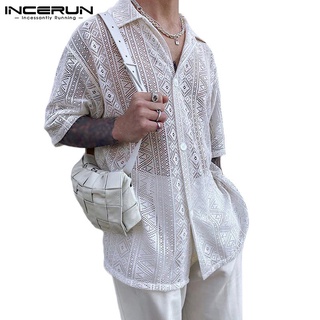INCERUN Men Summer Sexy Half Sleeve White Lapel Collar Mesh See Through Shirts