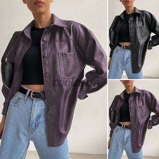 Coolman Women Solid Color PU Leather Long Sleeve Lapel Casual Blazer