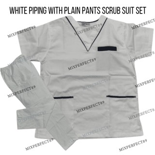 (MCR) WHITE Piping with Plain Pants Scrub Suit Set