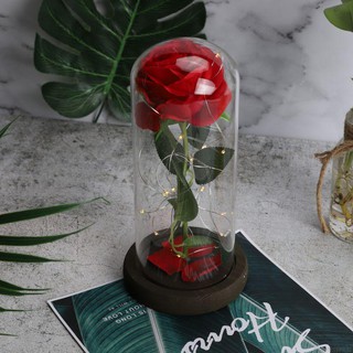 Red Rose Glass Dome With Wooden Base For Valentine's Gifts
