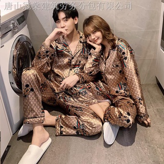 ♧M-5XL Plus Size Couple Pajamas Golden Mickey Silk Cardigan Sleepwear Satin Ilang pajama terno (6)