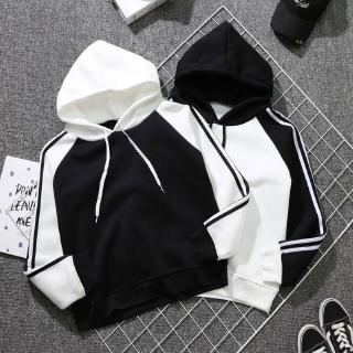 Unisex Korean Stitching Pullover Hoddie Striped Long Sleeve Casual Hooded Sweater Jacket