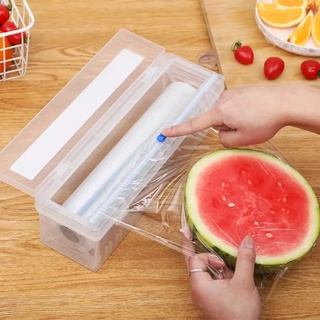 ☌○Adjustable Cling Film Cutter Plastic Food Wrap Dispenser with Slide Cutter Preservation Foil Stora