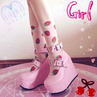 Brand Design Dropship Sweet Lolita Style Gothic Cosplay Black Pink Cozy Wedges Mary Jane High Heels