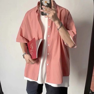 【7 colors】 M-2XL Short sleeve plain Lapel 5-sleeve shirt loose off shoulder casual preppy style Unisex shirt (6)