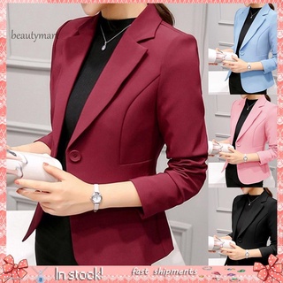 ♧BXZ_Women One Button Solid Color Lapel Long Sleeve Slim Blazer Coat Suit Jacket