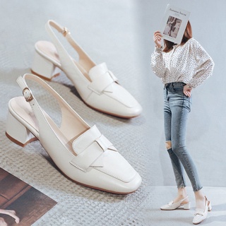 COD & Ready stockSoft leather sandals women summer square toe single shoes Korean high heels1