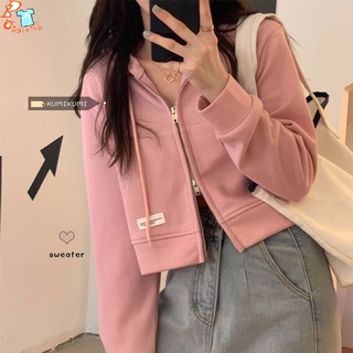 Autumn 2021 New Korean Style Loose Croptop Hooded Sweater Double-Headed Zipper Niche Long-Sleeved Jacket Women's Clothing