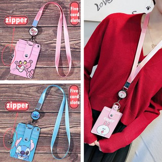 Disney Stitch Pink Panther 5 Card Slots Student Card Holder With Cute Lanyard Card Holder Soft zipper Coin Pocket Coin Purse wallet