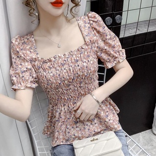 Puff Sleeve Chiffon Square Collar Slim Fit Short Sleeve Top Cute blouses for Women Plus Size