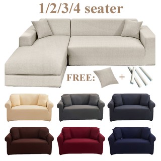 1/2/3/4 Seater Sofa Cover Plain Color Elastic Furniture Protector L Shape Couch Cover Free Pillowcase And Foam Sticks